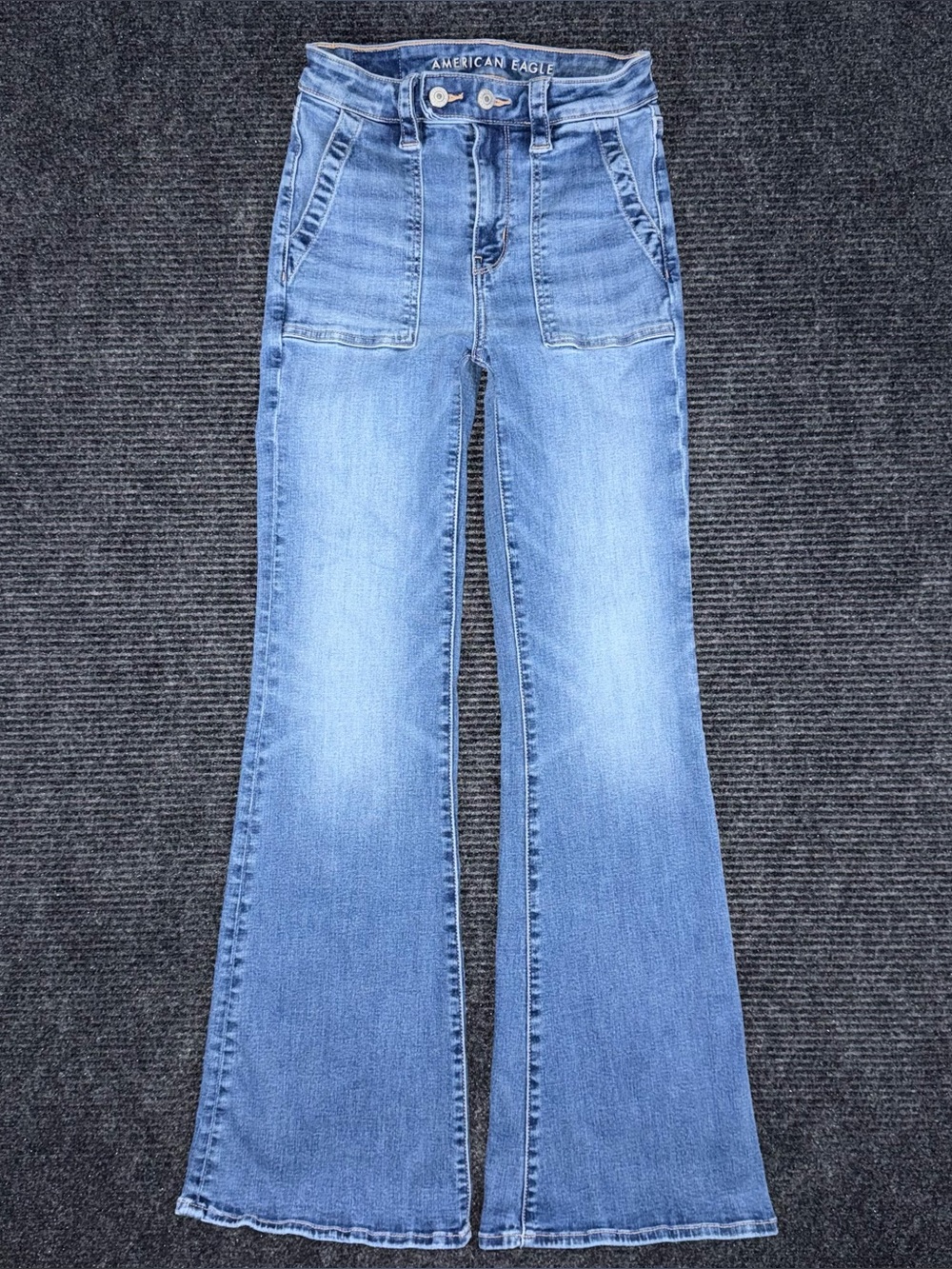 American Eagle Super High Rise Flare Jeans Women’s 00 Utility Pocket Stretch 70s